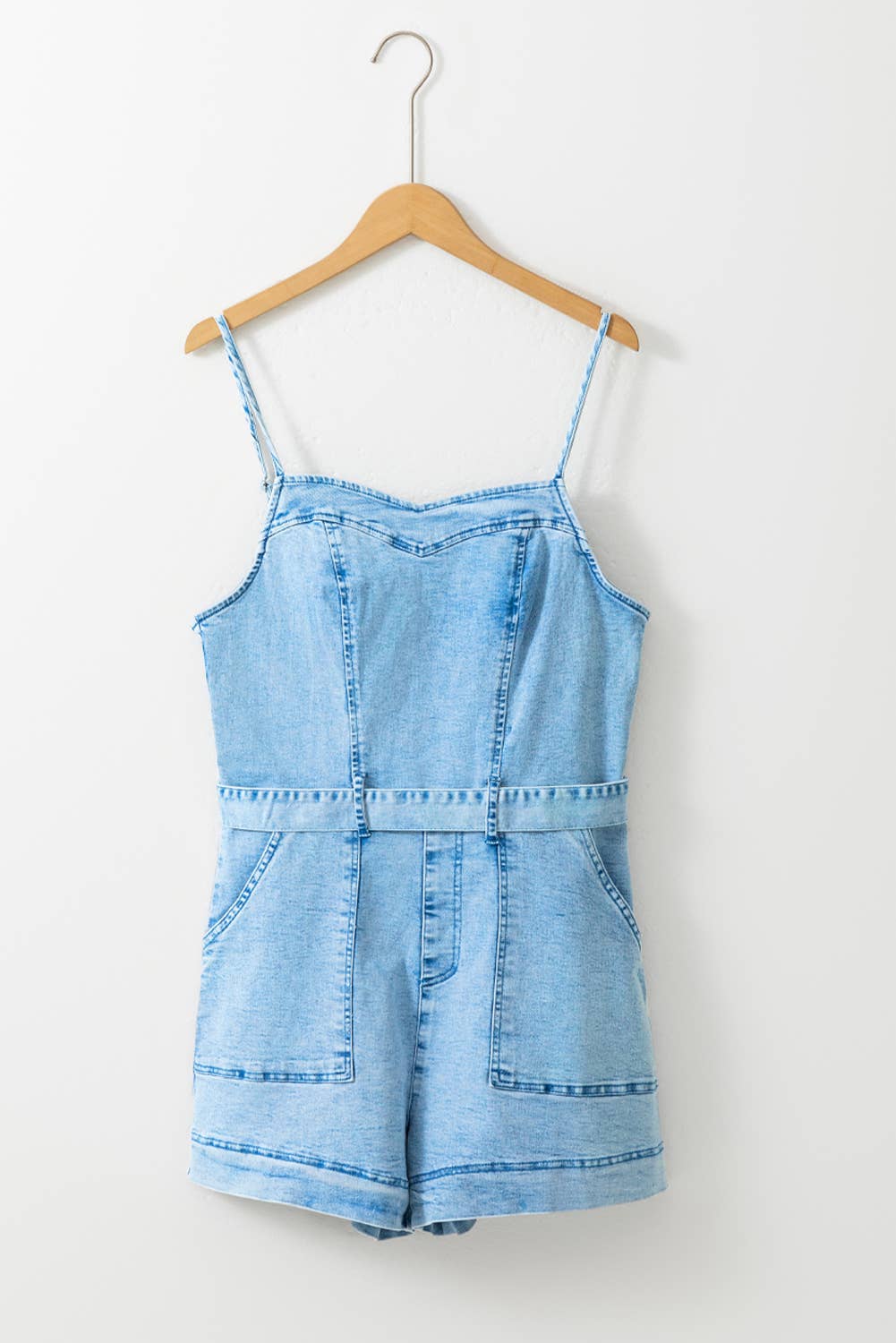 Spaghetti Straps Belted Spring Denim Romper: Beau Blue