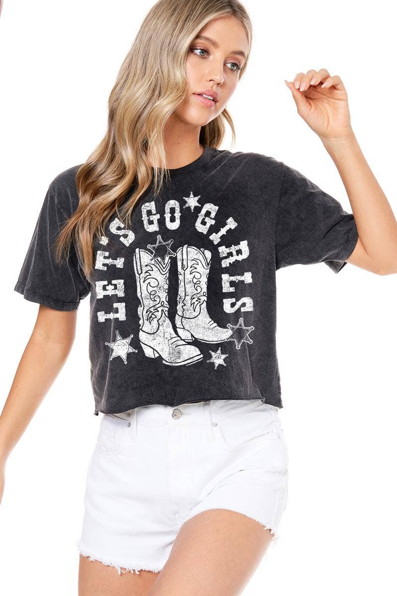 Let's Go Girls Graphic S/S Washed Faux Crop Tee: Black