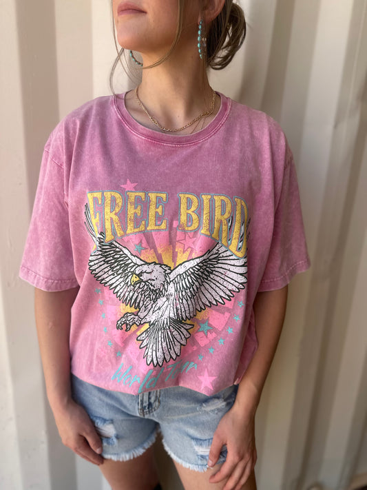 Free Bird World Tour Graphic S/S Washed Boyfriend Fit Tee: Pink