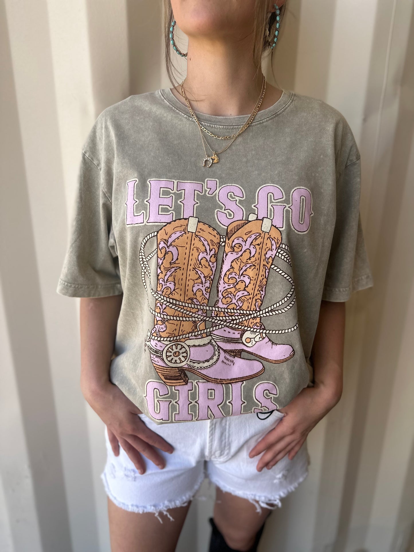 Let's Go Girls Boots Graphic S/S Washed Boyfriend Fit Tee: Mocha