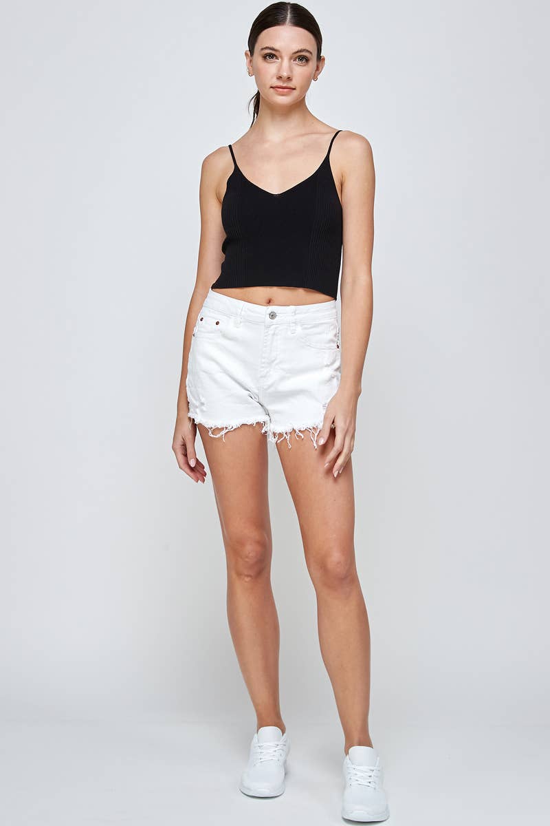 White - High Rise Distressed Raw Hem Denim Shorts: White