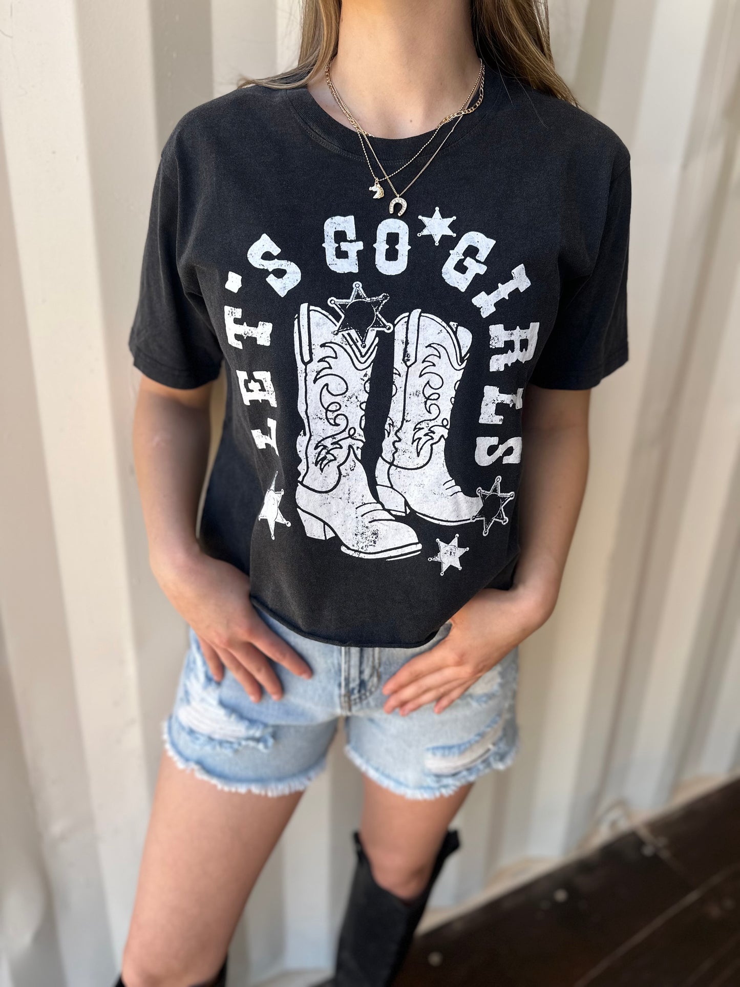 Let's Go Girls Graphic S/S Washed Faux Crop Tee: Black