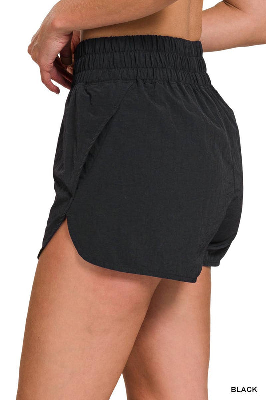 Windbreaker Smocked Waistband Running Shorts: BLACK