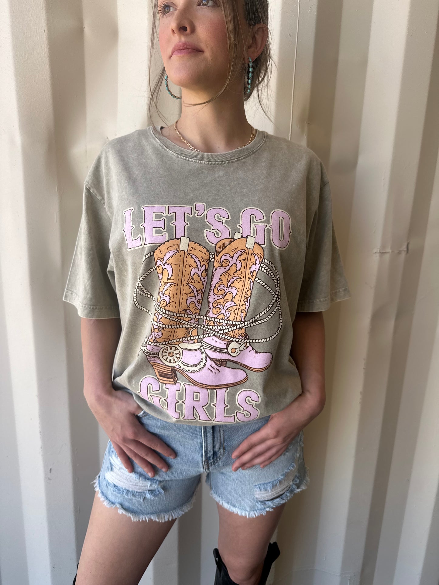 Let's Go Girls Boots Graphic S/S Washed Boyfriend Fit Tee: Mocha