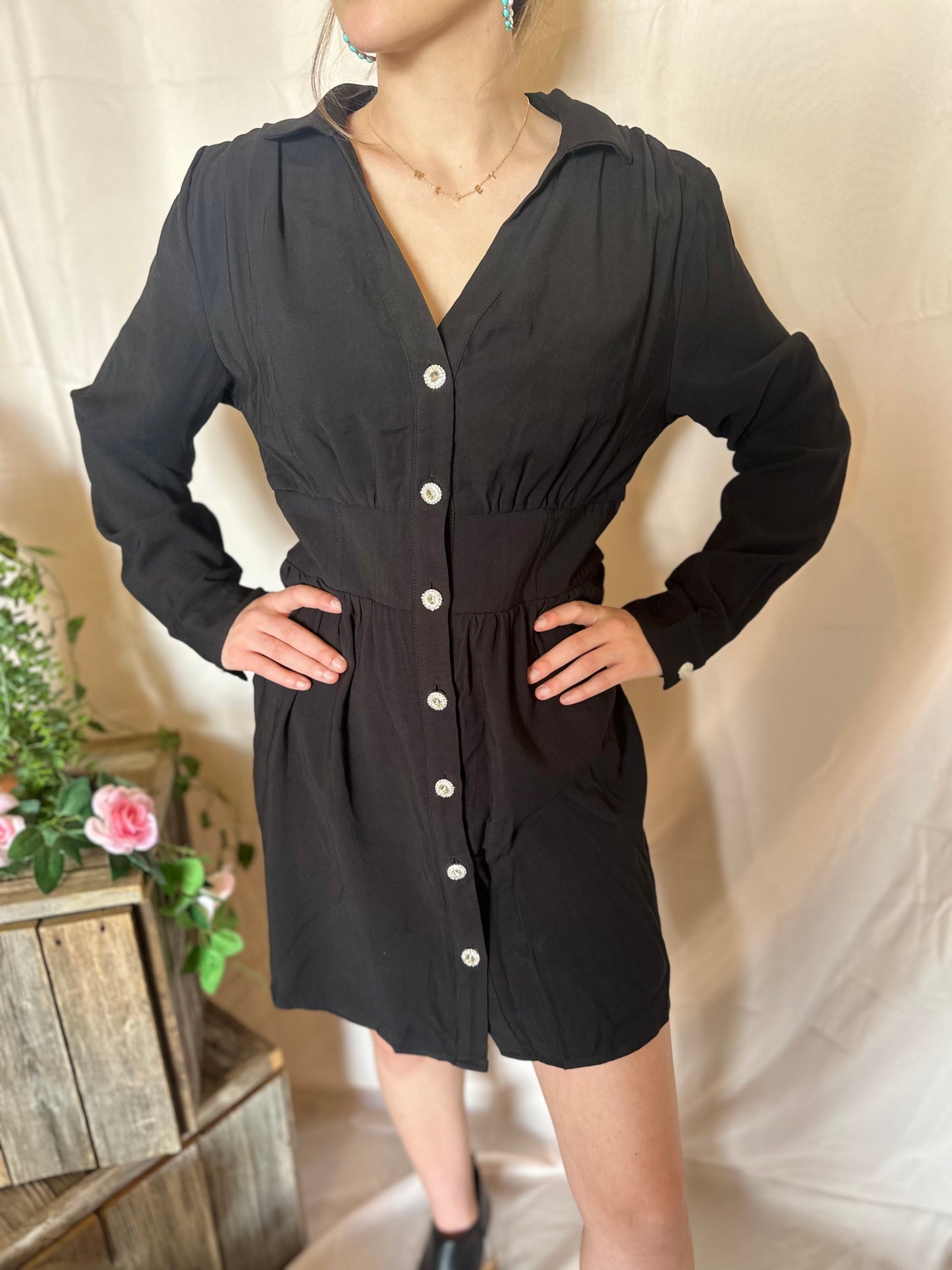 LDC Elastic Cinched High Waist Long Sleeve Shirt Mini Dress: Black