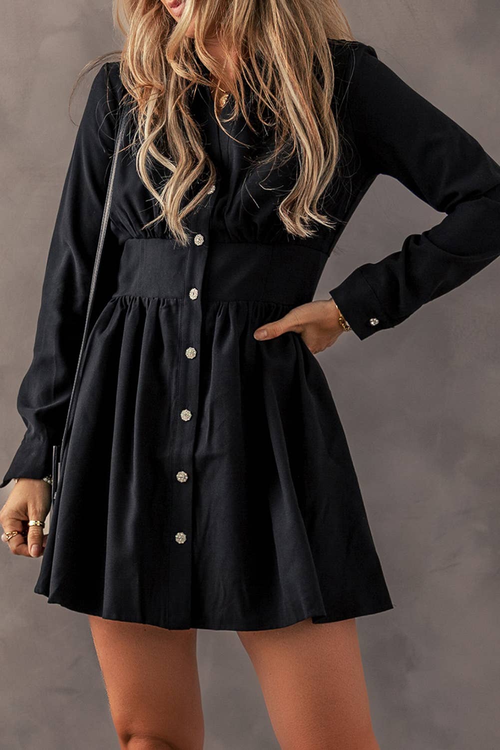 LDC Elastic Cinched High Waist Long Sleeve Shirt Mini Dress: Black