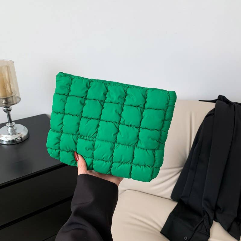 QUILTED PUFFY COSMETIC MAKEUP POUCH CLUTCH BAG | Kelly Green