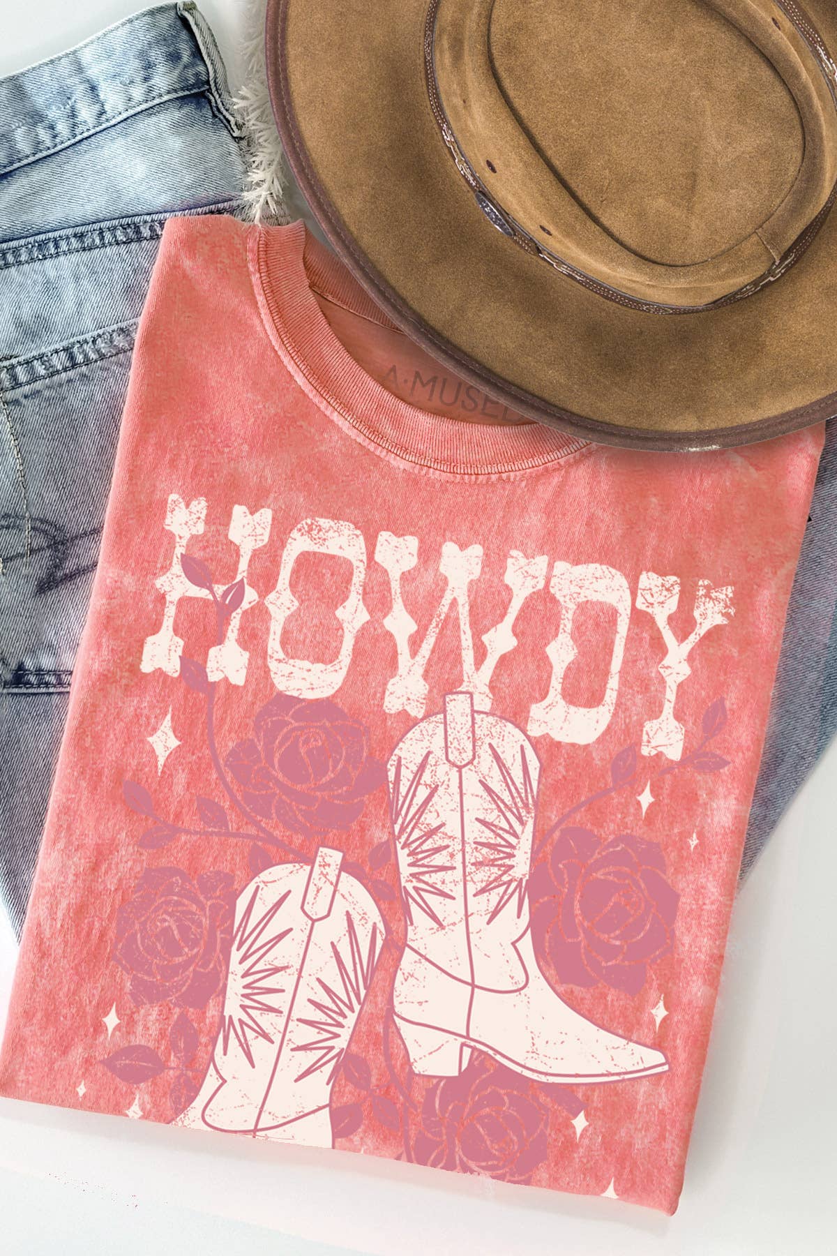 Howdy Cowgirl Boots - Mineral Wash T-Shirt: CORAL