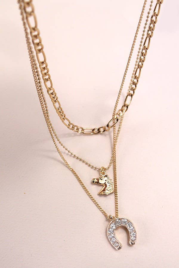 TRIO LAYERED HORSE CHARM HORSE SHOE NECKLACE |