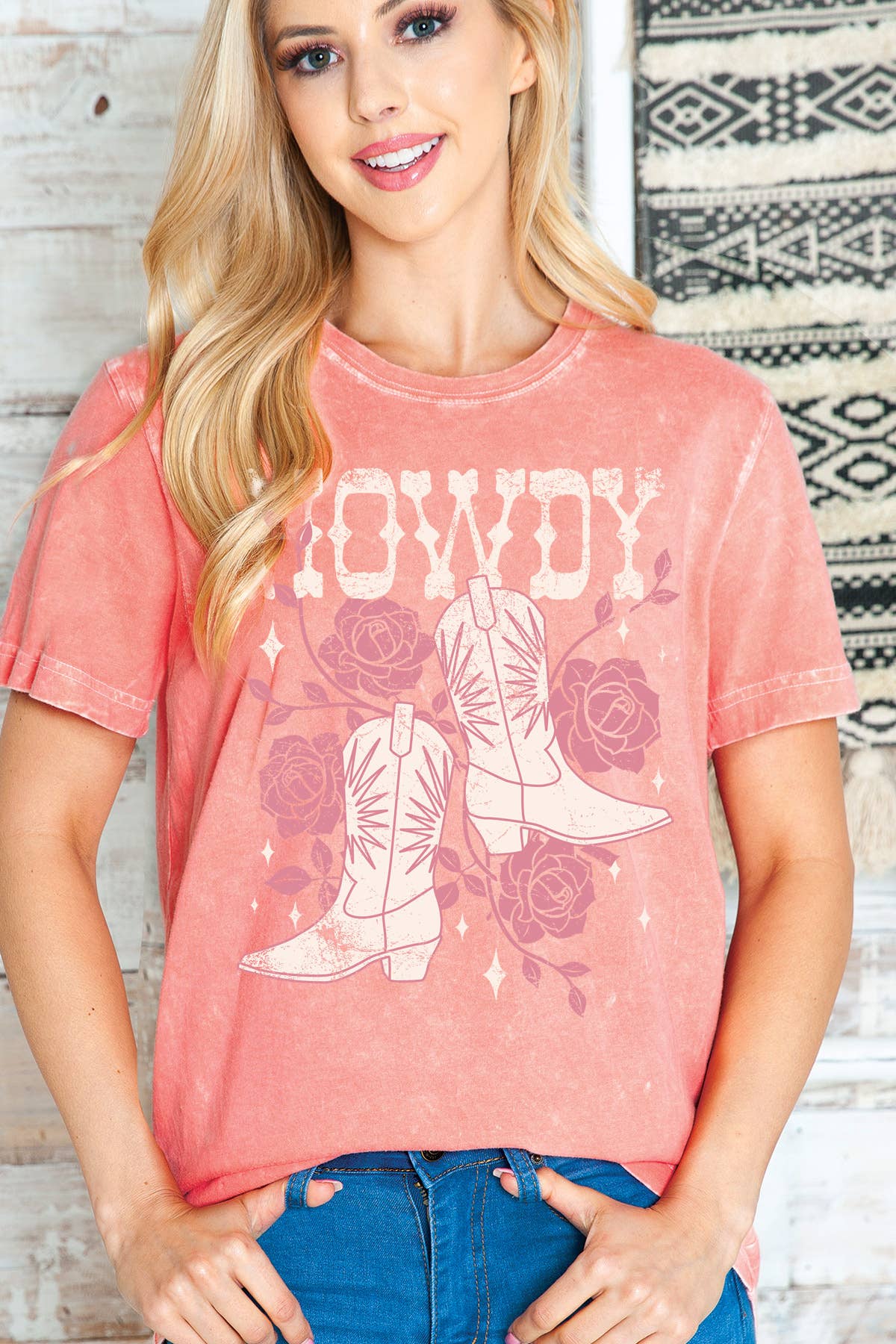 Howdy Cowgirl Boots - Mineral Wash T-Shirt: CORAL