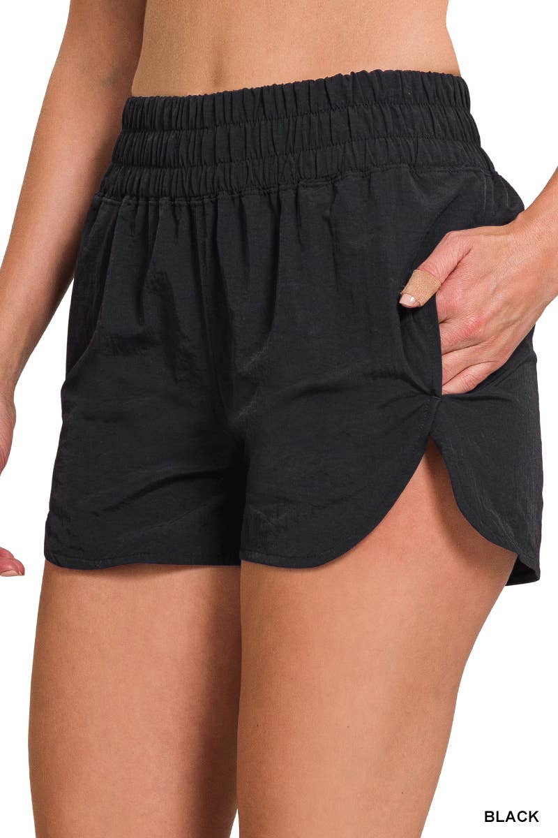 Windbreaker Smocked Waistband Running Shorts: BLACK