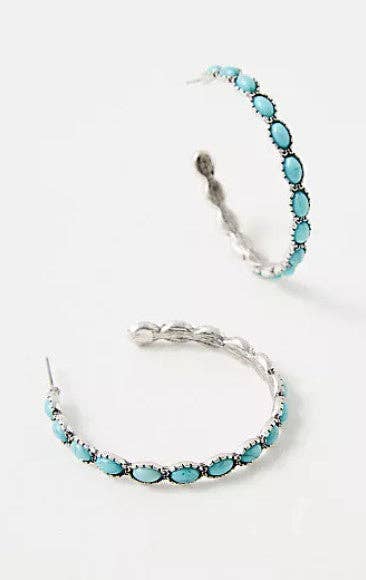 WESTERN TURQ STONE HOOP EARRINGS | SILVER