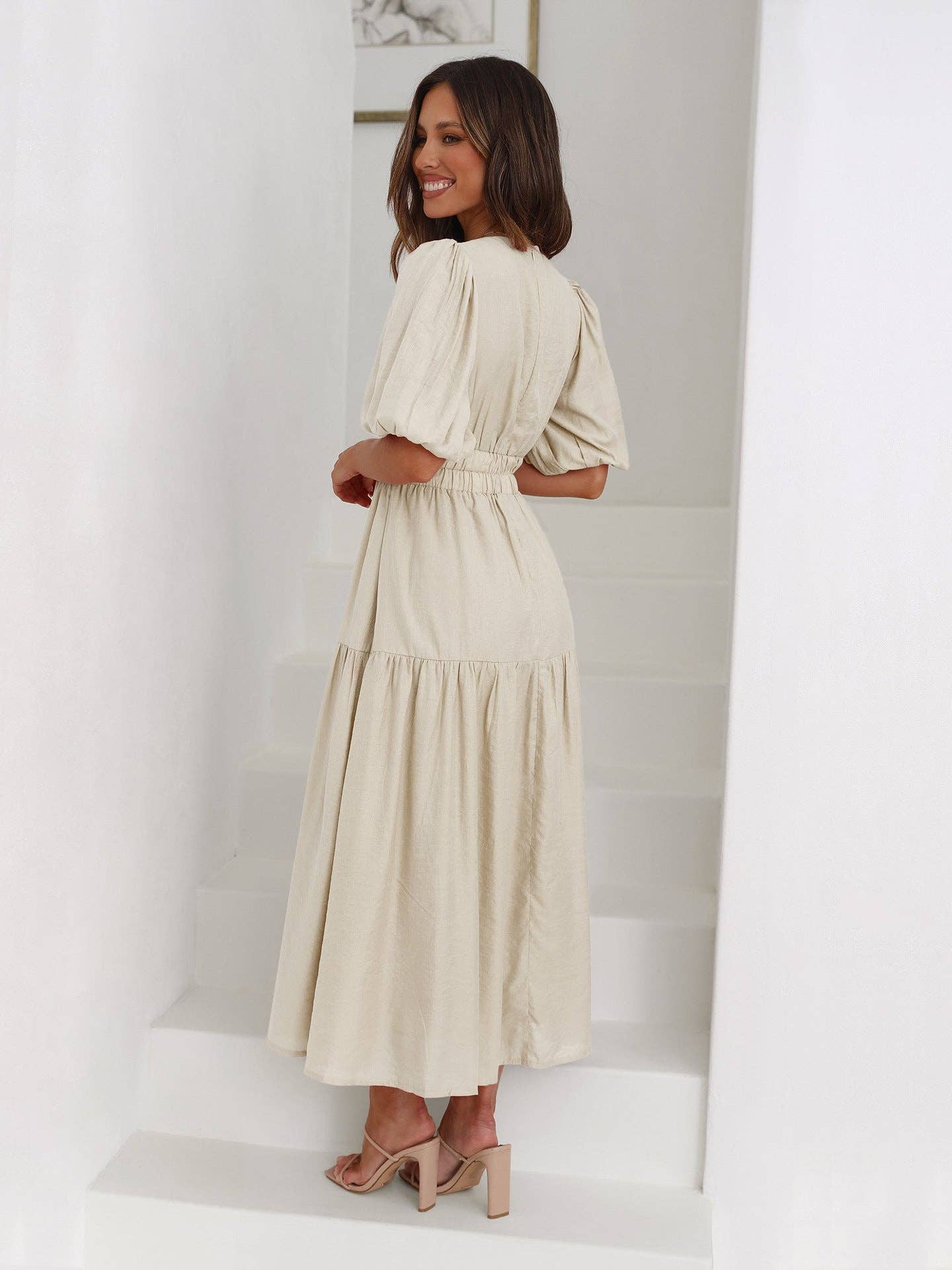Ladies Bubble Sleeves V-Neck Daily Midi Dress Apricot
