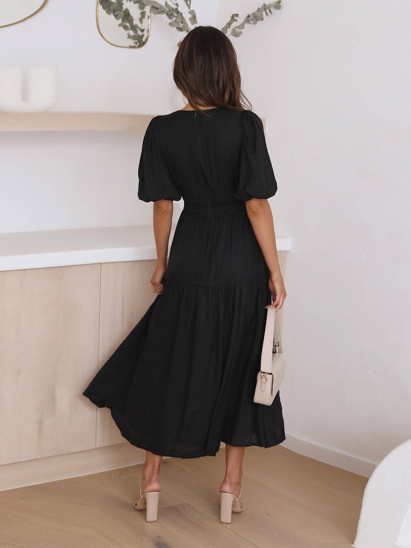 Ladies Bubble Sleeves V-Neck Daily Midi DressBlack