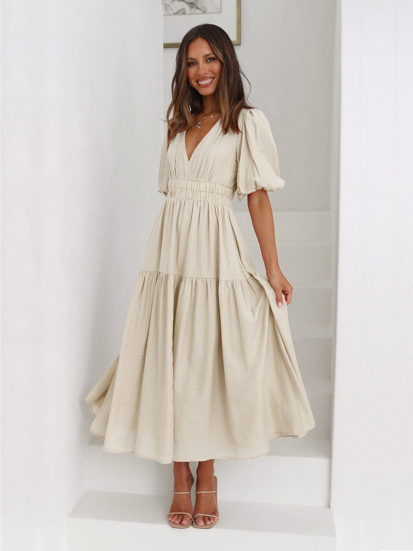 Ladies Bubble Sleeves V-Neck Daily Midi Dress Apricot