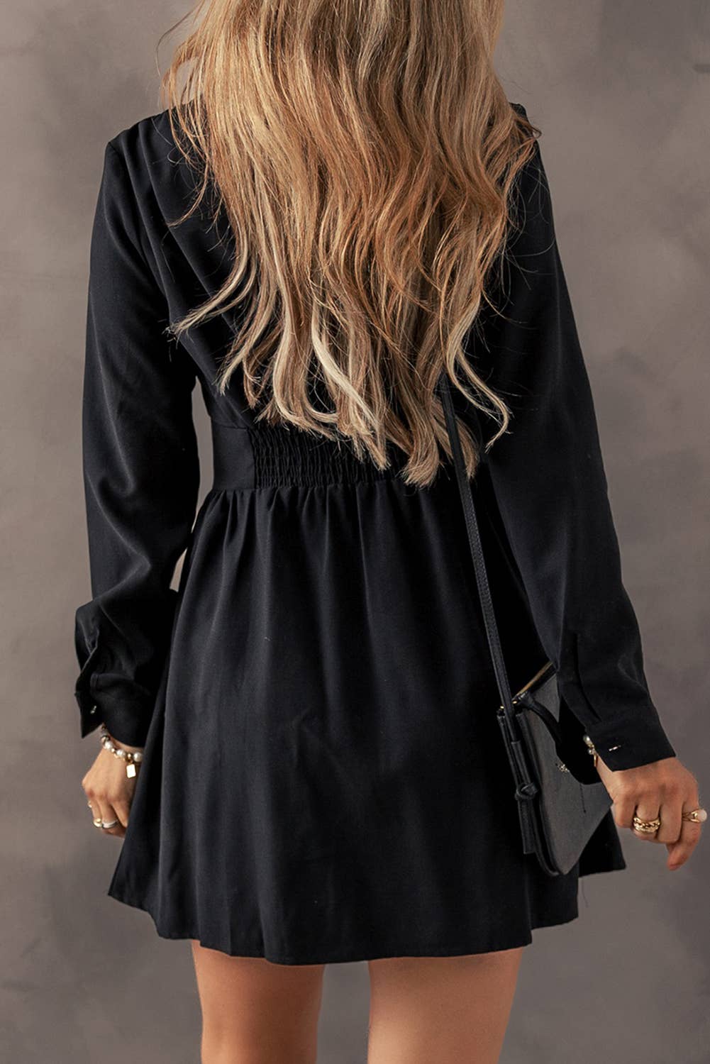 LDC Elastic Cinched High Waist Long Sleeve Shirt Mini Dress: Black