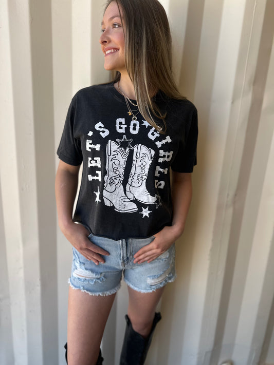 Let's Go Girls Graphic S/S Washed Faux Crop Tee: Black