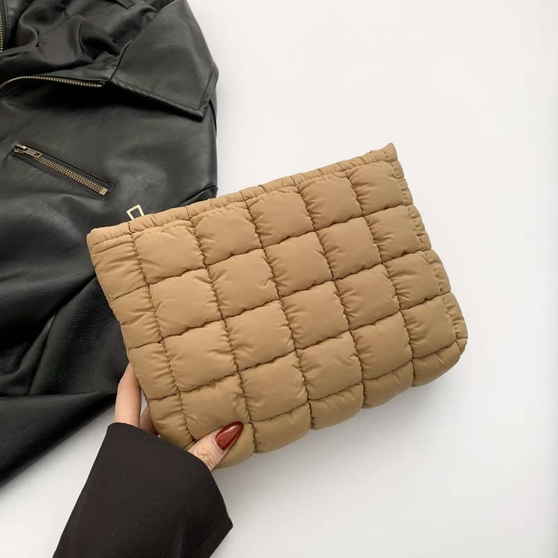 QUILTED PUFFY COSMETIC MAKEUP POUCH CLUTCH BAG | Tan