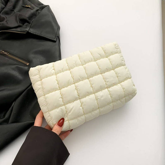 QUILTED PUFFY COSMETIC MAKEUP POUCH CLUTCH BAG |Off-White