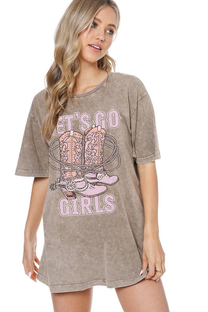 Let's Go Girls Boots Graphic S/S Washed Boyfriend Fit Tee: Mocha