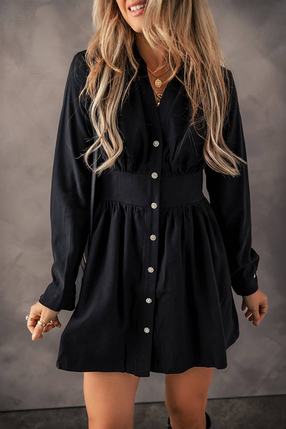 LDC Elastic Cinched High Waist Long Sleeve Shirt Mini Dress: Black