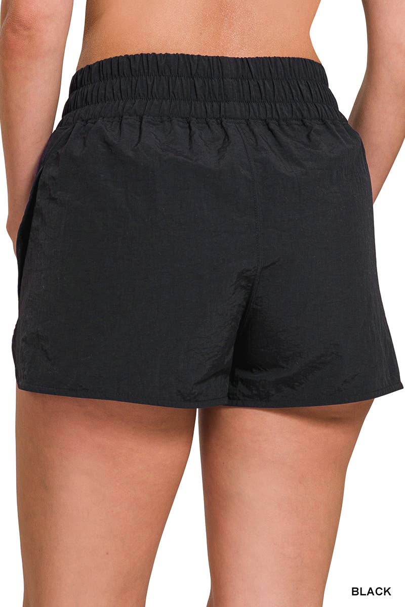 Windbreaker Smocked Waistband Running Shorts: BLACK