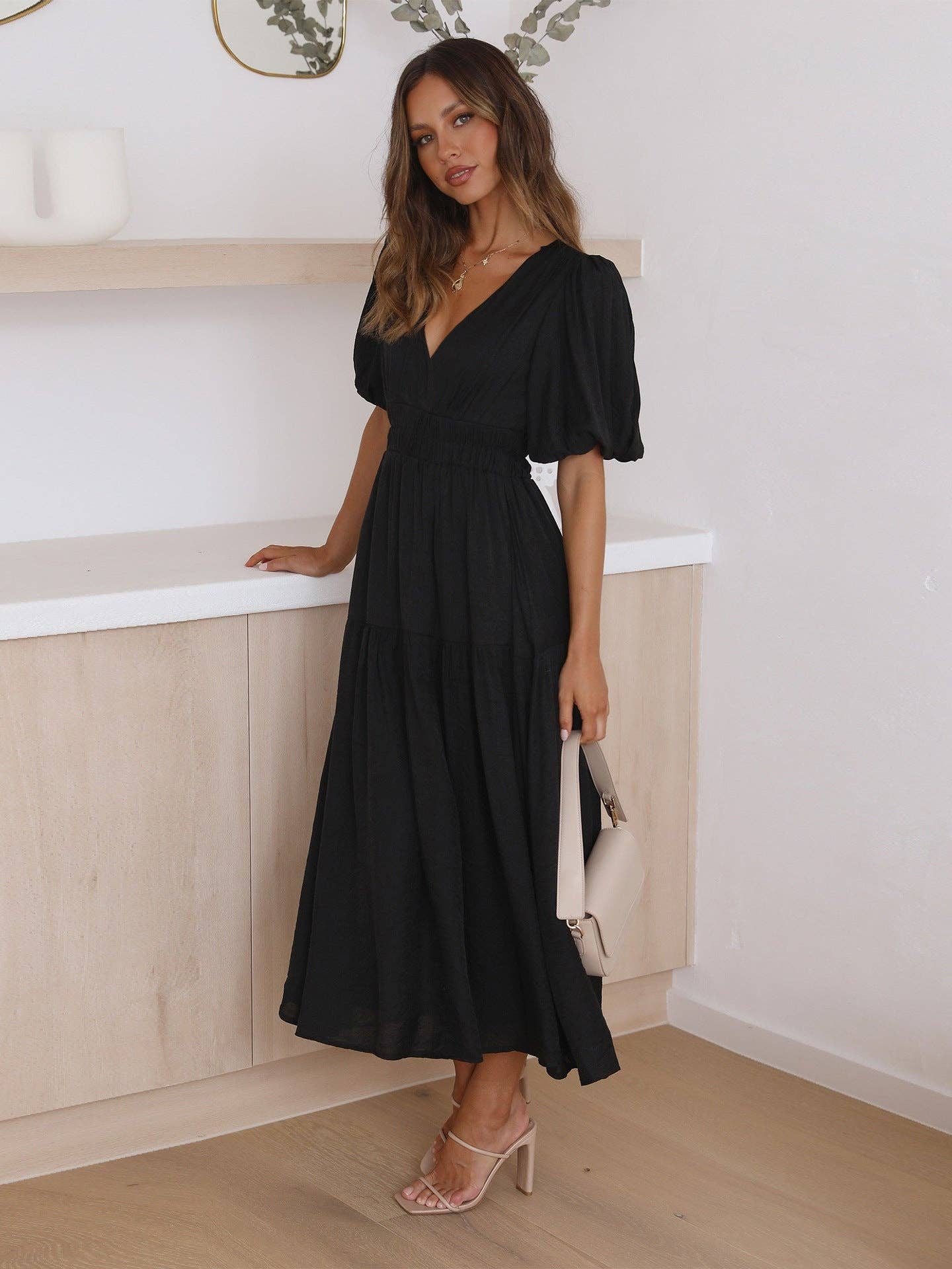 Ladies Bubble Sleeves V-Neck Daily Midi DressBlack