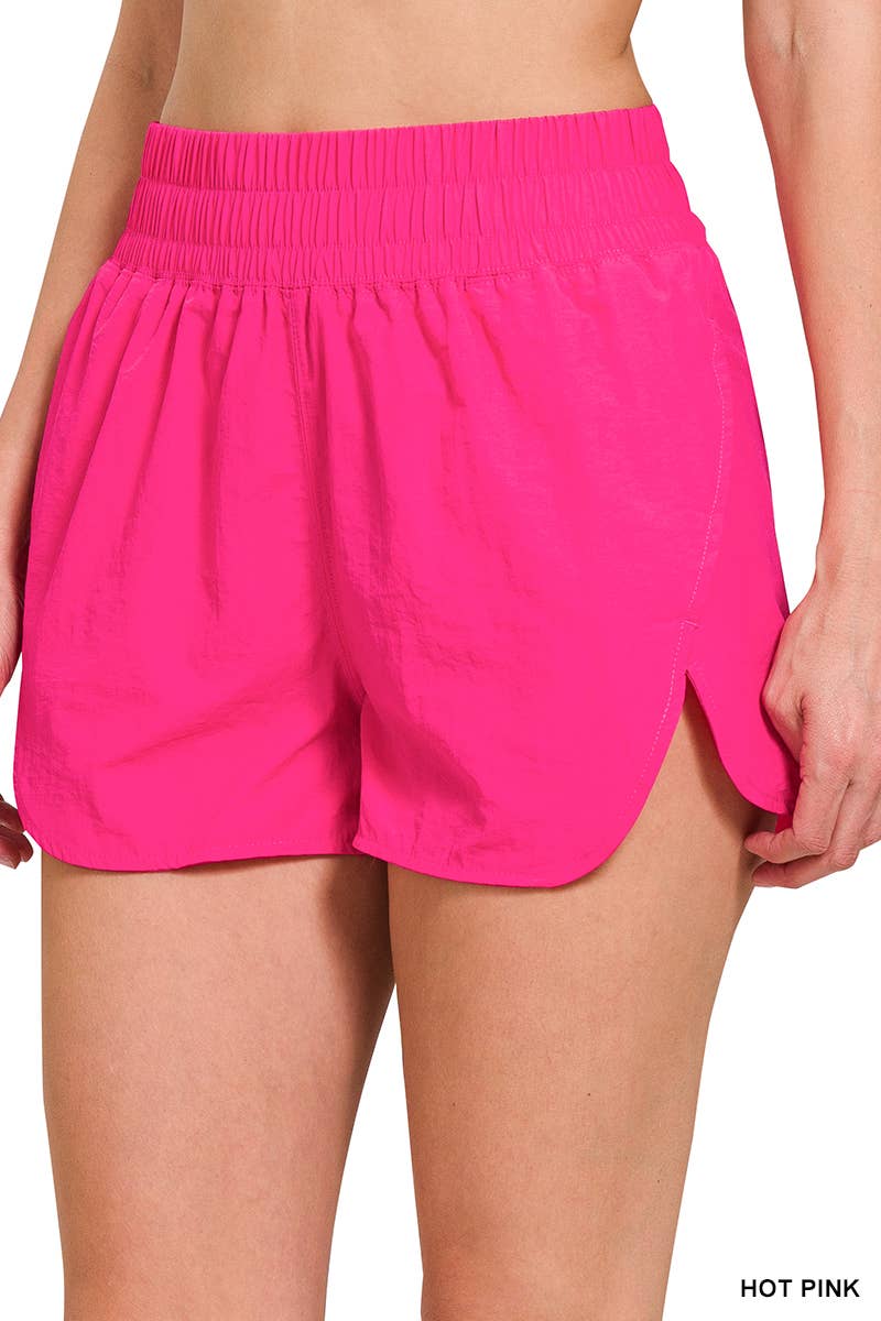 Windbreaker Smocked Waistband Running Shorts: HOT PINK