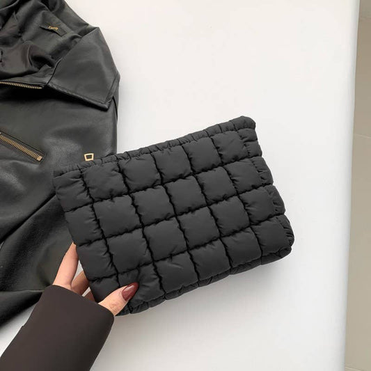 QUILTED PUFFY COSMETIC MAKEUP POUCH CLUTCH BAG | Black